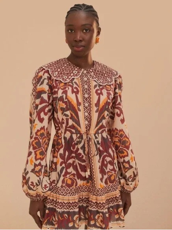 FARM Rio Dresses & Skirts - Farm Rio Boho Printed Long-Sleeve Mini Dress in Burgundy and Mustard